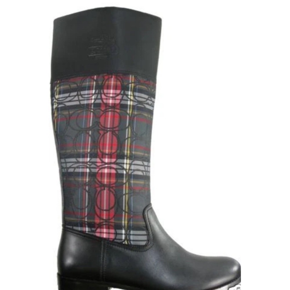 Coach Chrissi Signature C Mutli Tartan Plaid Leather Boots Tall Pull On Size 9